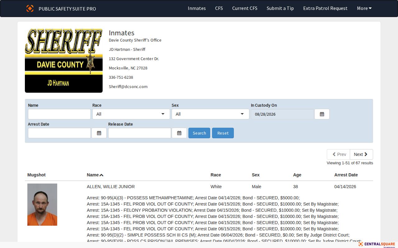 Davie County official jail roster search for booking records